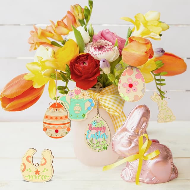 Detalle de ARTREE lot de 30 pendentifs en bois à peindre pour enfants (Pâques et printemps) avec stylos, autocollants, pompons et corde