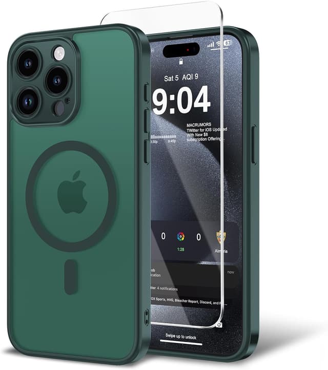 Detalle de BPOASE Magnetic Case for iPhone 15 Pro Max (with tempered glass screen protector) — Ultra Slim Matte Shockproof Dark Green
