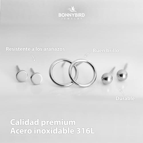 Detalle 2 de BONNYBIRD BonnyClassic: set de pendientes pequeños para mujer en plata (acero quirúrgico, hipoalergénicos) con 3 pares