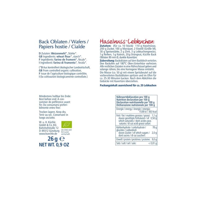 Detalle de Küchle Bio Backoblaten 90 mm (15er Vorratspack) – vegan, rund für Lebkuchen