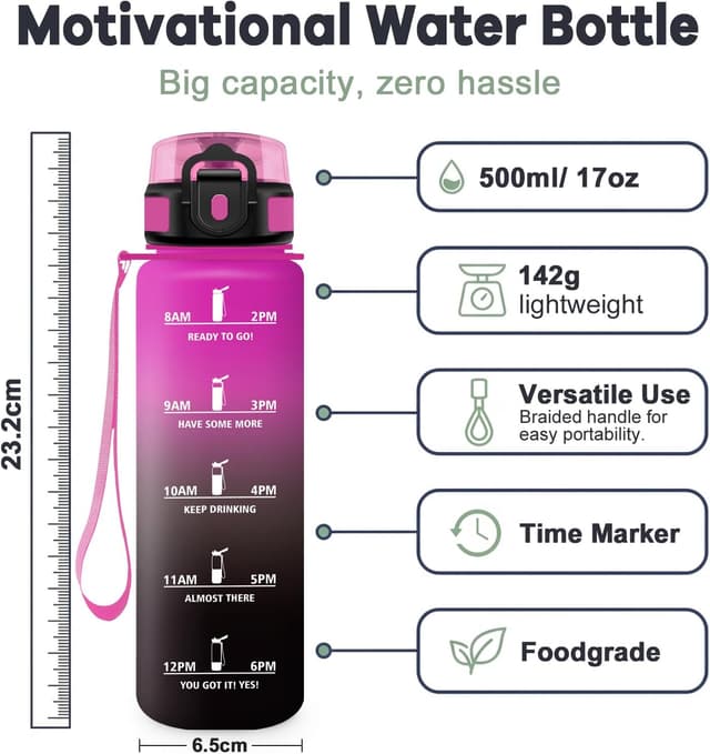 Detalle de JAPORIA gourde 500 ml avec filtre et marqueurs temporels pour motivation