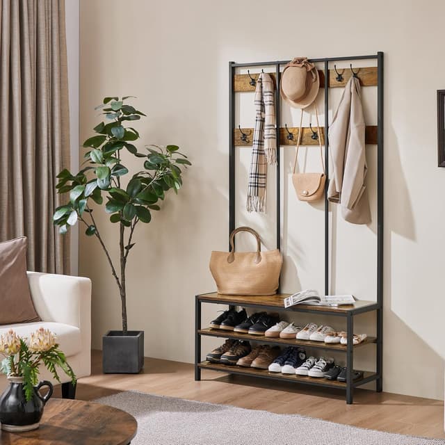 Detalle 2 de Yaheetech Stand appendiabiti con panca e scarpiera 12 ganci