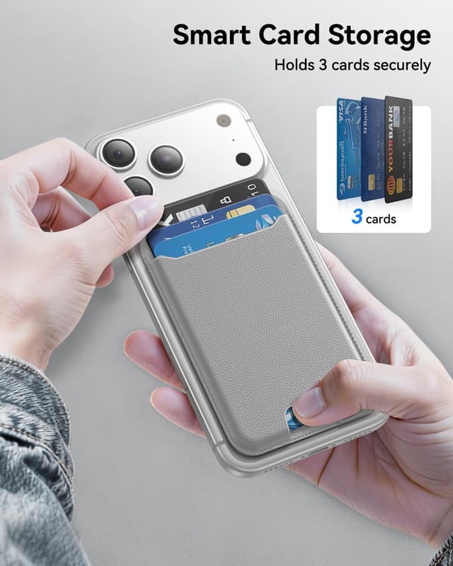 Detalle de TWZKG MagSafe Wallet (3 Card Holder) — magnetic phone wallet with RFID blocking vegan leather, Grey