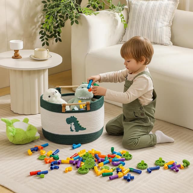 Detalle de Baumwollseil-Aufbewahrungskorb mit Holzgriffen für Kinderdecken und Kuscheltiere (ca. 17 L)