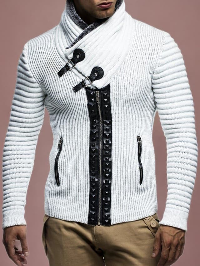 Detalle de Leif Nelson LN5165 : cardigan veste homme en tricot style biker, matelassé et à capuche