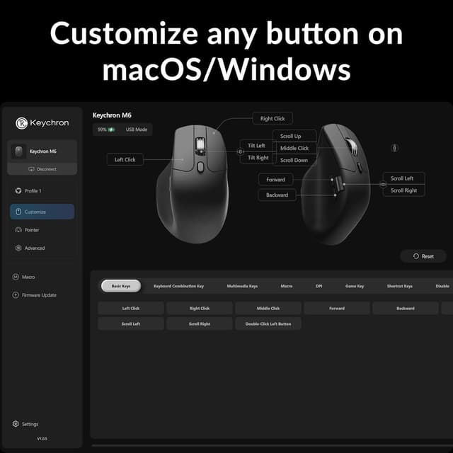 Detalle de Keychron M6 1000 Hz silent wireless optical mouse (Bluetooth 5.1 / 2.4 GHz) with PixArt 3395 sensor