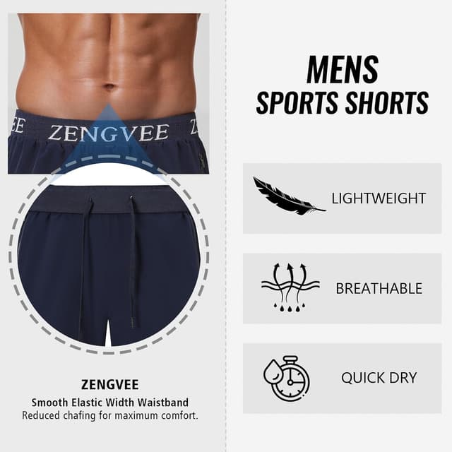 Detalle de Mens Gym Running Shorts Athletic 1/3 Pack with Zip Pockets – Quick-dry Lightweight Training Shorts