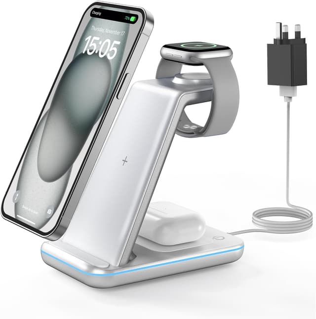 Detalle de GEEKERA 3-in-1 Wireless Charging Station (Silver) for iPhone, Apple Watch & AirPods