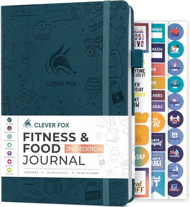 Detalle de Clever Fox Fitness & Food Journal (Nutrition & Workout Planner) – Undated A5 Hardcover, Dark Teal