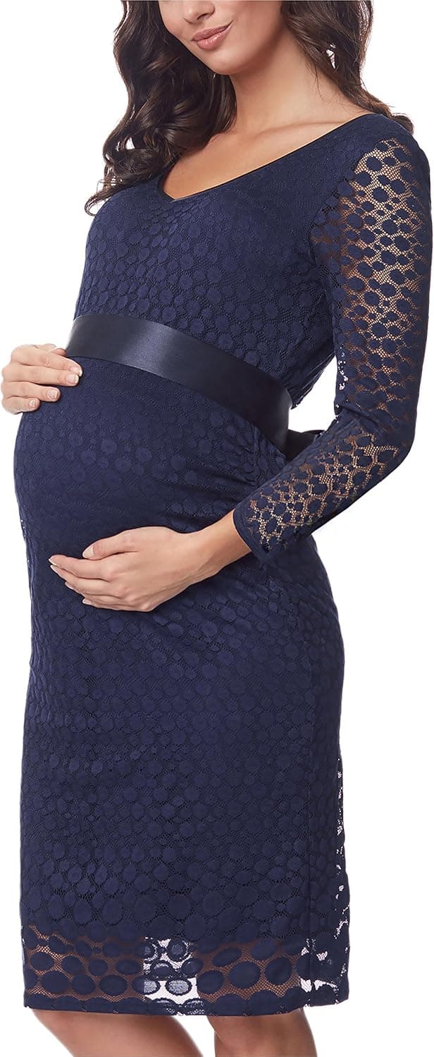 Detalle 2 de Be Mammy Robe Femme de grossesse en dentelle extensible avec ceinture satin