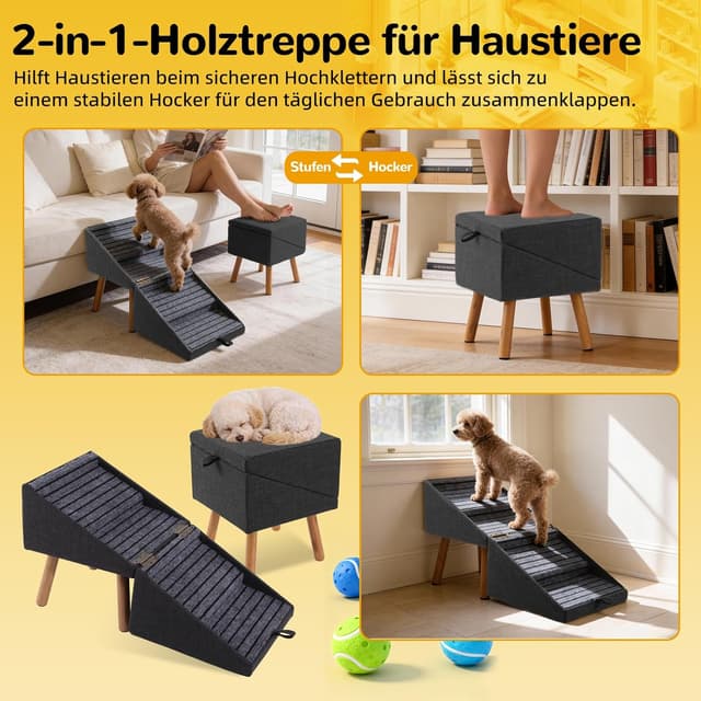 Detalle de Ziluce Hundetreppe für kleine Hunde (2-in-1-Trittleiter & Ottomane, schwarz) – zusammenklappbar
