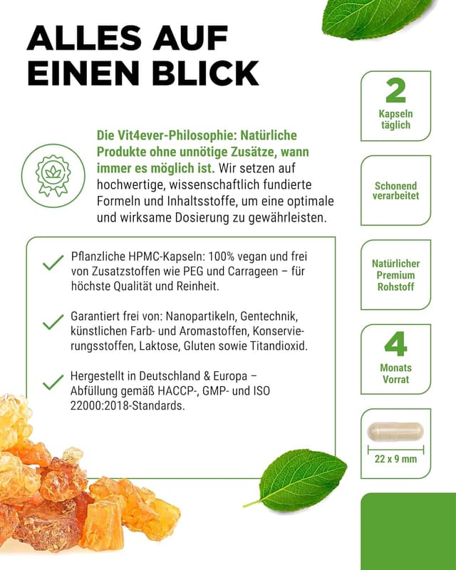 Detalle de vit4ever Weihrauch Extrakt – 240 vegane Kapseln mit 85% Boswelliasäuren