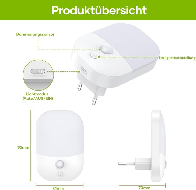 Thumbnail 6 de Detake Nachtlicht mit Dämmerungssensor (2er-Set) für Steckdose – 5 Helligkeitsstufen, 3 Modi und warmweißes LED-Licht