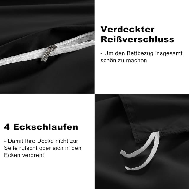 Detalle 2 de WAVVE Bettwäsche 220x240 3-teilig Schwarz (1 Bettbezug 220x240 + 2 Kissenbezüge 80x80) aus Mikrofaser