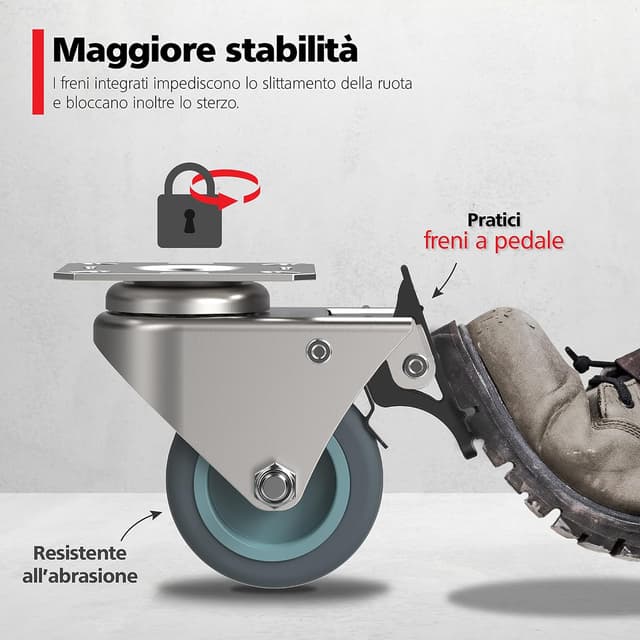 Detalle de RAVN HAMAN set di 4 ruote pivottanti con freno, 50 mm, fino a 100 kg per ruota