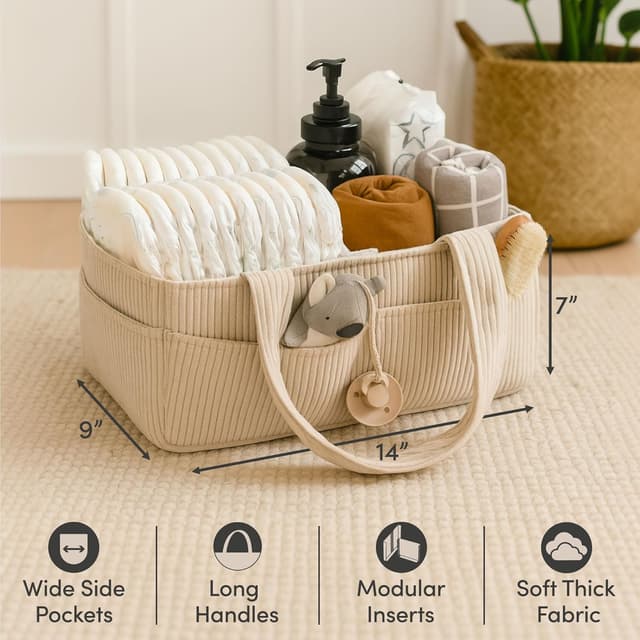 Detalle de PUTSKA Baby Wickelkommode-Organizer „Diaper Caddy“ aus Cord in Creme (36 x 23 x 18 cm)