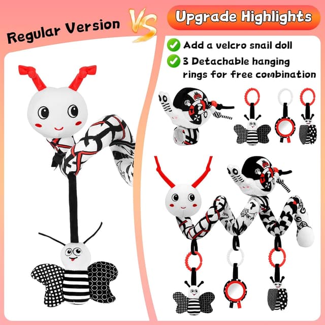 Detalle 2 de Spirale Autositz Baby Spielzeug 0–6 Monate – kontrastreiches Schwarz-Weiß-Aktivität-Set mit Handgelenk-Rassel