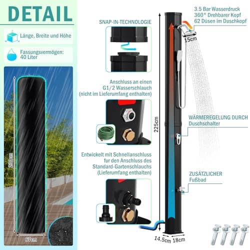 Detalle 2 de Vigevee ducha solar de jardín 40 l (hasta 60 °C) sin conexión eléctrica, con cabezal de lluvia giratorio