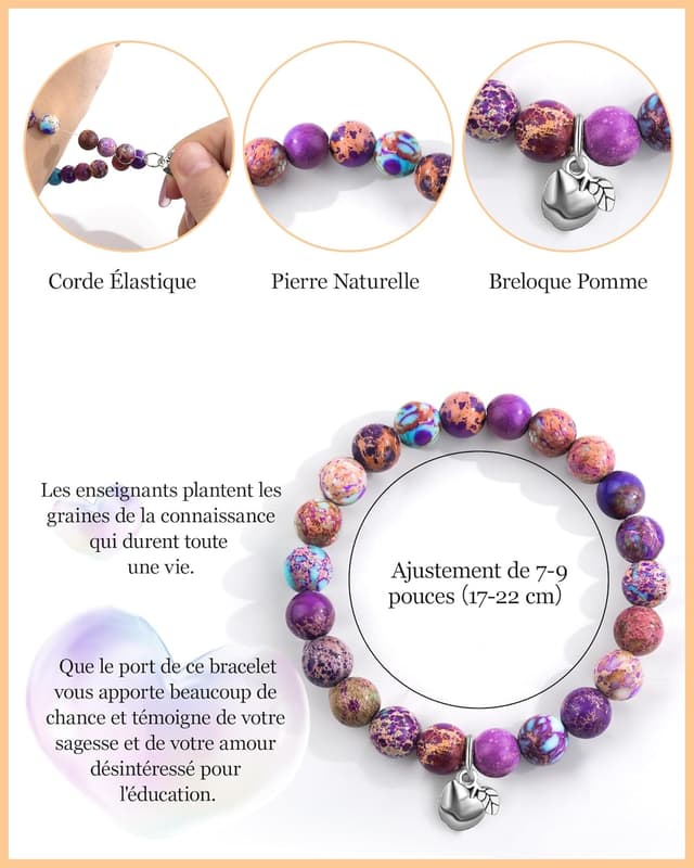 Detalle de SUNSH Cadeau Maîtresse : lot de 2 bracelets en pierre (pomme) avec cartes et pochons