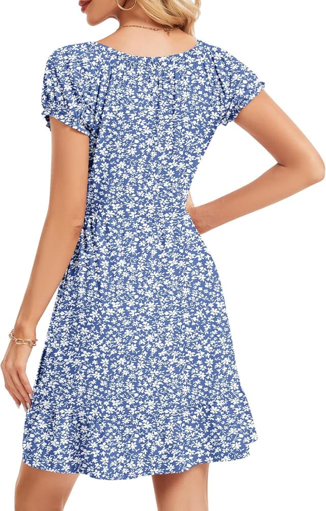 Detalle 2 de AUSELILY Damen Sommerkleid mit Puffärmeln, hoher Taille und Taschen