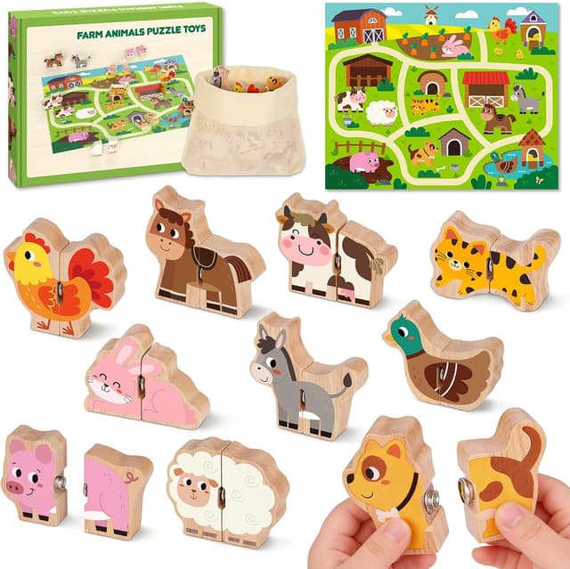 Detalle de Montessori-style wooden farm animal matching puzzle set for 1–3 year olds (10 snap fastener puzzles)