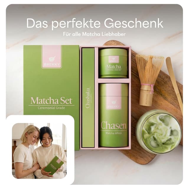 Detalle de BREKKY Matcha Set – Bio Grüntee aus Japan (Pulver, Bambusbesen & Chashaku) in Geschenkverpackung