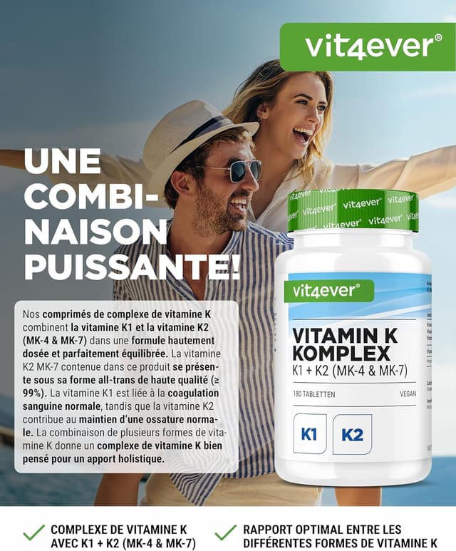 Detalle 2 de Complexe Vitamine K vit4ever – 180 comprimés vegan (K1, MK4 & MK7) très dosé
