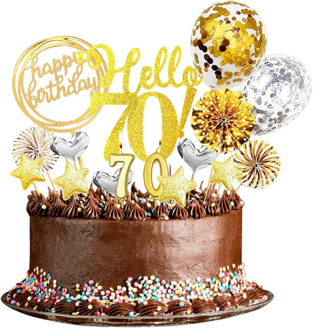 Detalle de 24-teilige 70. Geburtstag Tortendeko-Set (Happy Birthday, Kerzen, Glitzerkarton-Topper, Party-Details) in Gold/Silber