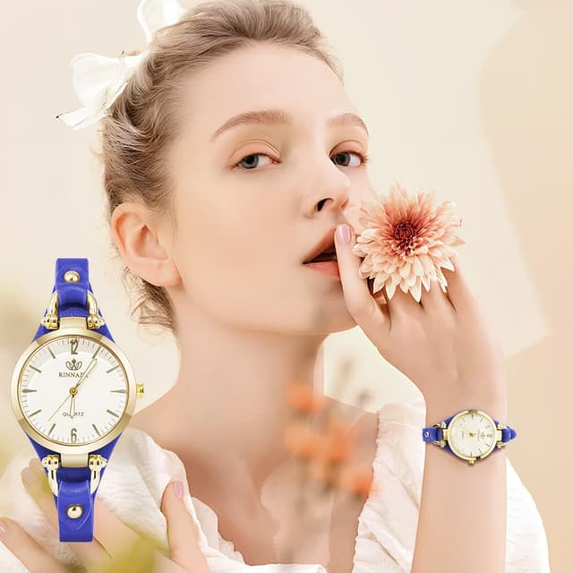 Detalle de OFFCUP Orologio da donna analogico al quarzo con cinturino in pelle e movimento a tre lancette