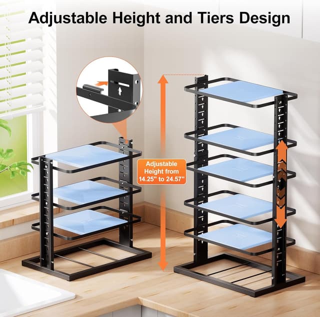 Detalle de LAMU Pots and Pans Organizer for Under Cabinet (6-Tier, Adjustable 14 to 24.57")