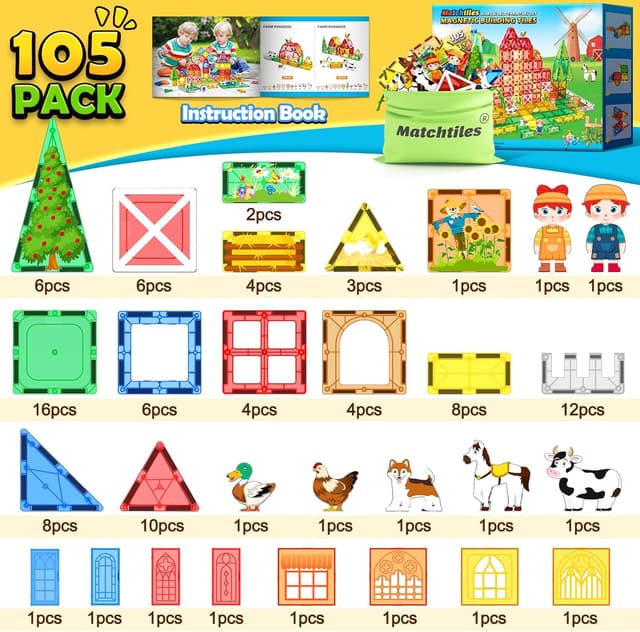 Thumbnail 1 de Magnetic Tiles 105 PCS Farm Animals Set