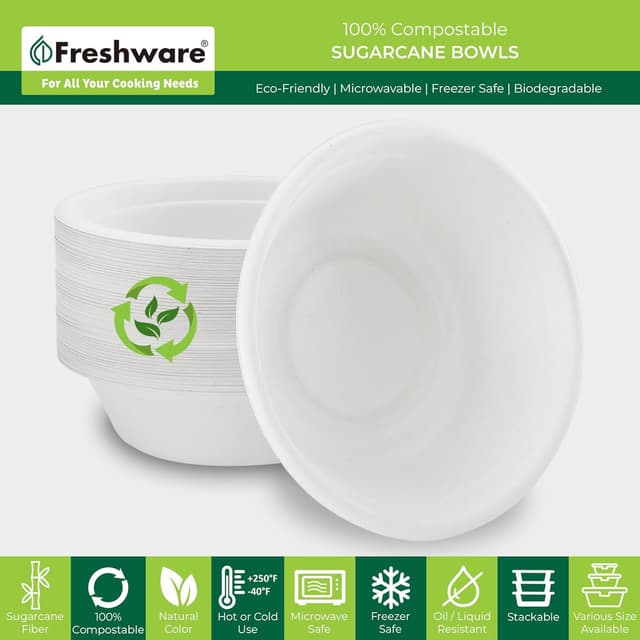 Detalle 2 de Freshware Paper Bowls (32 oz) — 50-Pack Disposable, Compostable Sugarcane Fiber Soup Bowls