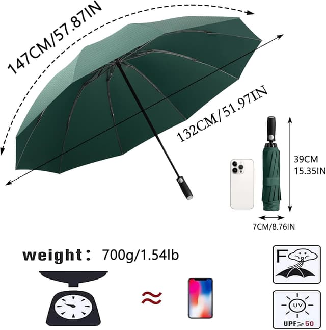 Imagen de 52 IN Extra-Large Canopy Golf Reverse Travel Folding Umbrella for Business – Auto Open/Close, Windproof/Rainproof, Zippered Pouch en OfertitasTOP