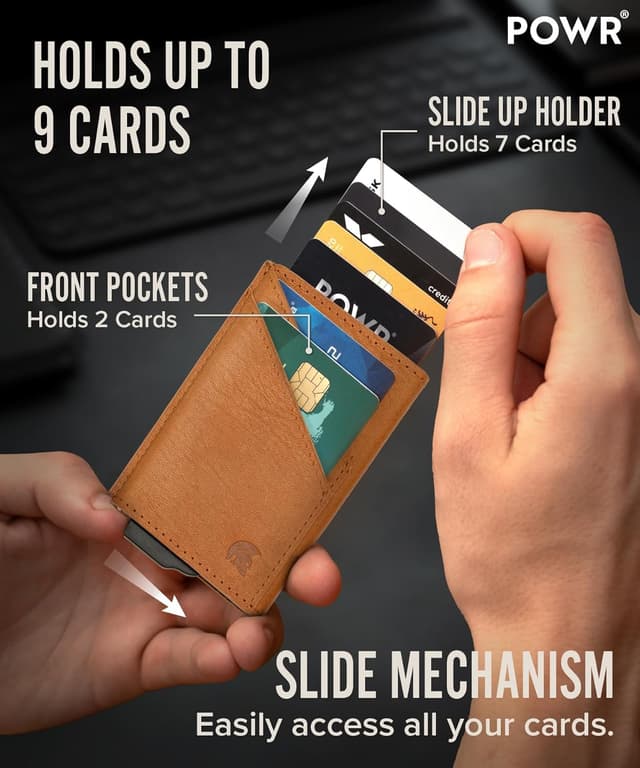 Detalle de POWR RFID porta carte slim in metallo con blocco a doppio strato e porta badge pop-up