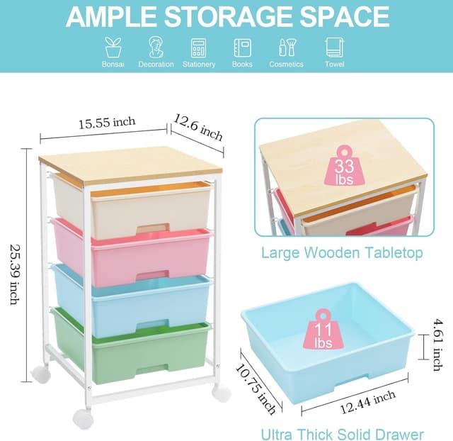 Detalle de SYKIARIOL 4-Drawer Storage Trolley with Wheels (Rolling Utility Cart) – Multicolour