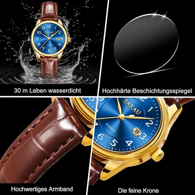 Detalle de Taxau Damenuhr mit Lederarmband, analoges Quarzwerk und Datumsanzeige (28 mm, 3 bar) – elegantes Design zum Kombinieren