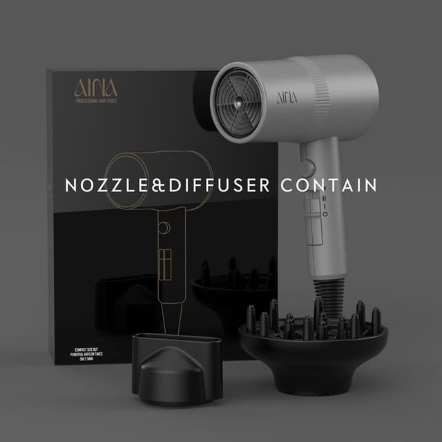 Detalle de AINA Hair Dryer with Diffuser (Ash Grey) – ionic, ceramic heat and cold shot for faster, smoother drying