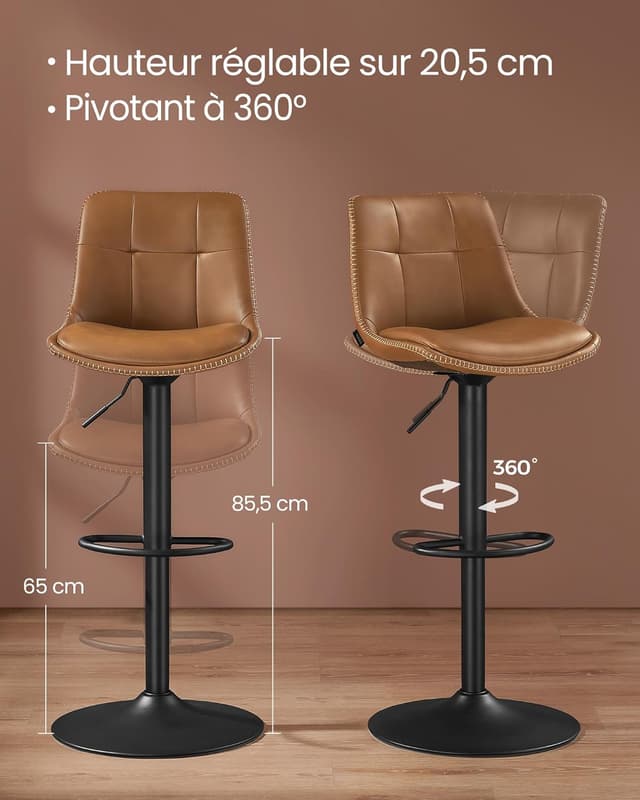 Thumbnail 6 de Lot de 2 tabourets de bar VASAGLE LJB095K01, assise pivotante réglable avec dossier