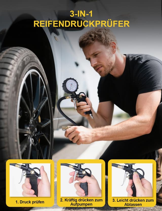 Thumbnail 2 de BURNNOVE Reifenfüller Digitaler Reifendruckprüfer 220PSI Multifunktional Luftdruckprüfer mit mehrere Ersatzteile Reifenfüll-Messgerät für Autos Motorräder Geländefahrzeuge und Fahrräder
BURNNOVE Reifenfüller Digitaler Reifendruckprüfe…