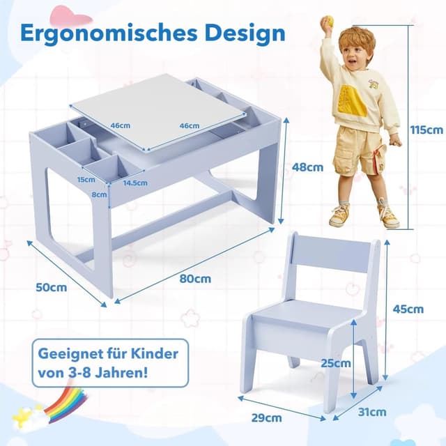 Detalle 2 de Clevich Kindersitzgruppe mit Stauraum, Kindertisch mit 2 Stühlen, Kinder Tisch Stuhl Set mit wendbarer Tischplatte, Packung mit 2 Stühlen, Kinderschreibtisch für Kindertagesstätte, ab 3 Jahren, BlauClevich Kindersitzgruppe mit Stauraum, Kindertisch…