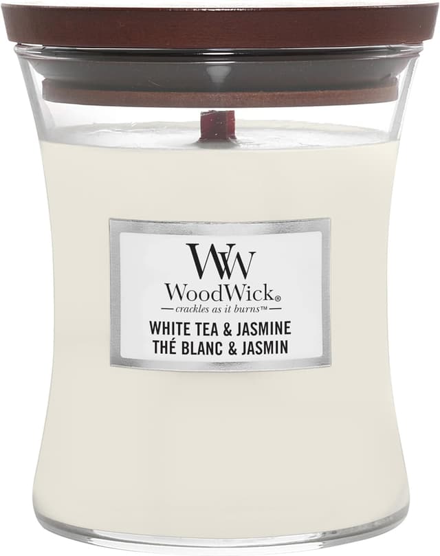 Detalle de WoodWick jarre parfumée moyenne Thé Blanc & Jasmin à mèche en bois crépitante (jusqu’à 60 h)