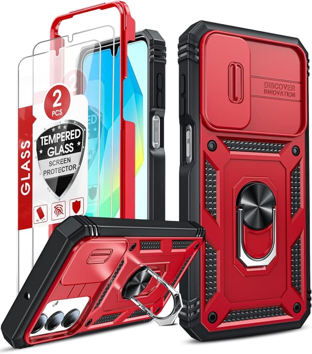 Detalle de LeYi Military Armour Phone Case for Samsung Galaxy A16 4G/5G with Camera Lens Slide & 360 Ring Stand + 2 Screen Protectors