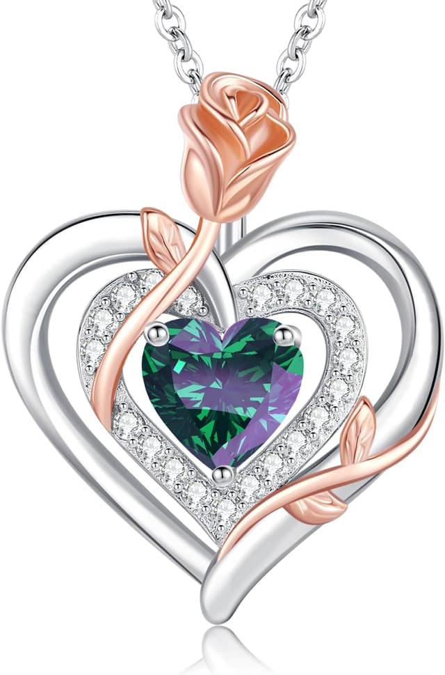 Detalle de LAVUMO Collier femme argent sterling 925 et laiton, pendentif double cœur rose et pierre de naissance