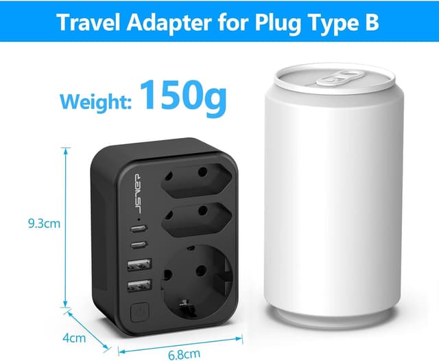 Detalle de Adaptateur de voyage JSVER 7 en 1 France vers États-Unis/Canada avec 4 ports USB et 2 prises Type B (noir)