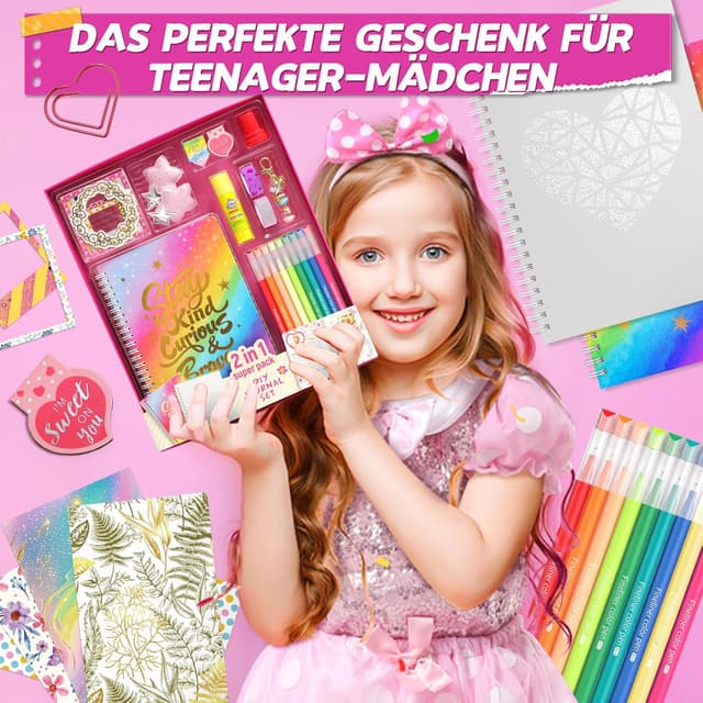 Thumbnail 6 de 2er-Set Mega DIY Tagebuch Set für Mädchen (Spiraljournale, Bastel- & Scrapbook-Zubehör) – Geschenk ab ca. 8–14 Jahre