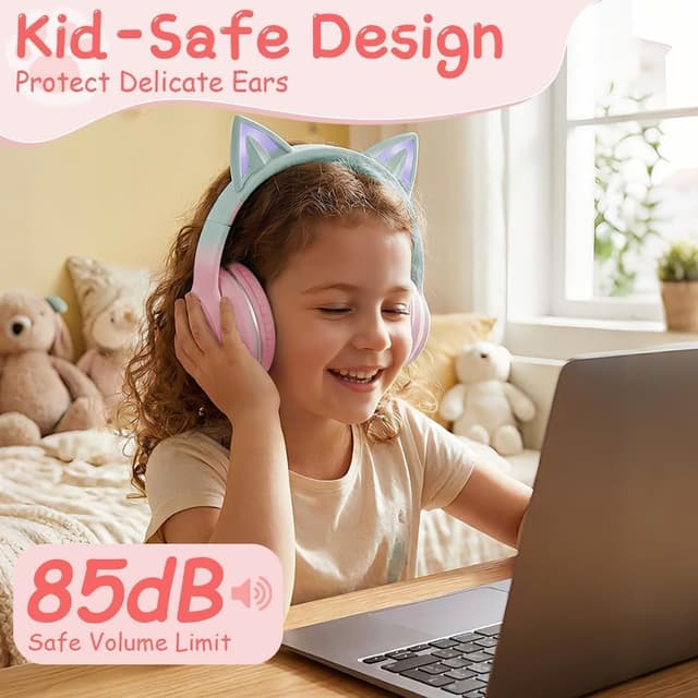 Thumbnail 6 de Caijin Kids Bluetooth Headphones with LED cat ears (Pink) – safe 85dB volume limit, wireless or wired