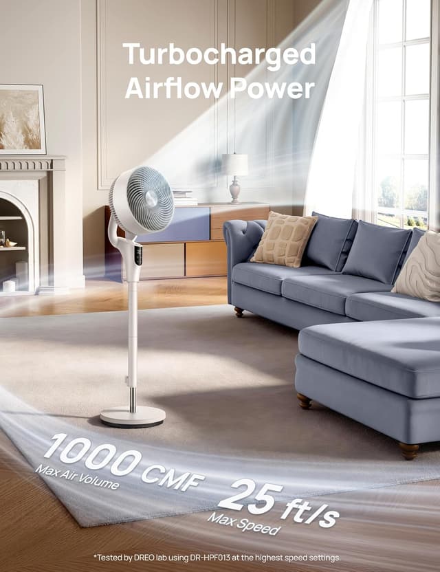 Detalle 2 de DREO 2026 Upgraded Fan for Bedroom (90° Oscillating Standing Fan) — 90 ft Airflow, DC Motor, Quiet 20dB