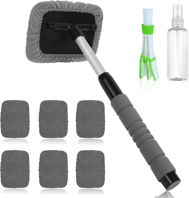 Detalle de AMFUN 7-piece car windscreen cleaner kit with extendable telescopic handle and reusable microfiber pads