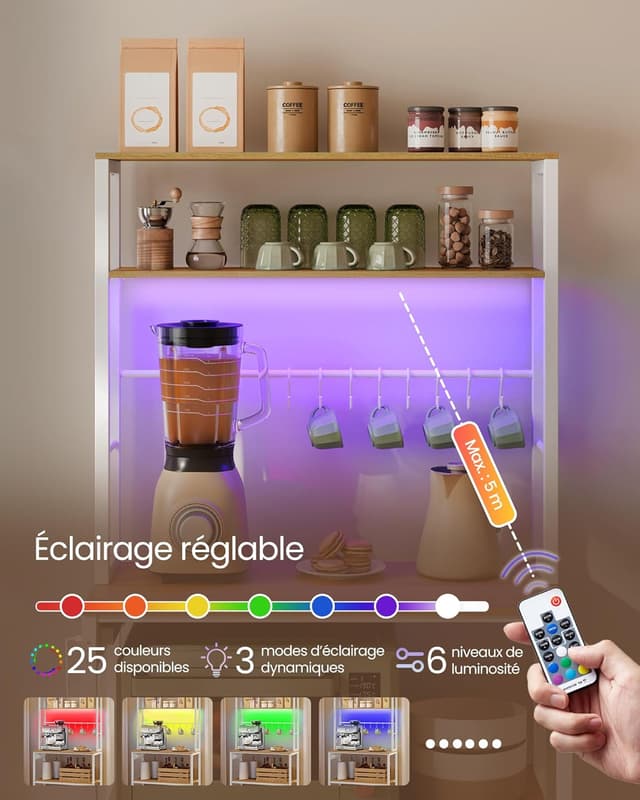 Detalle de VASAGLE étagère de cuisine avec LED et multiprise KKS050YA01 (40 x 80 x 168,4 cm) – doré chêne et blanc mat