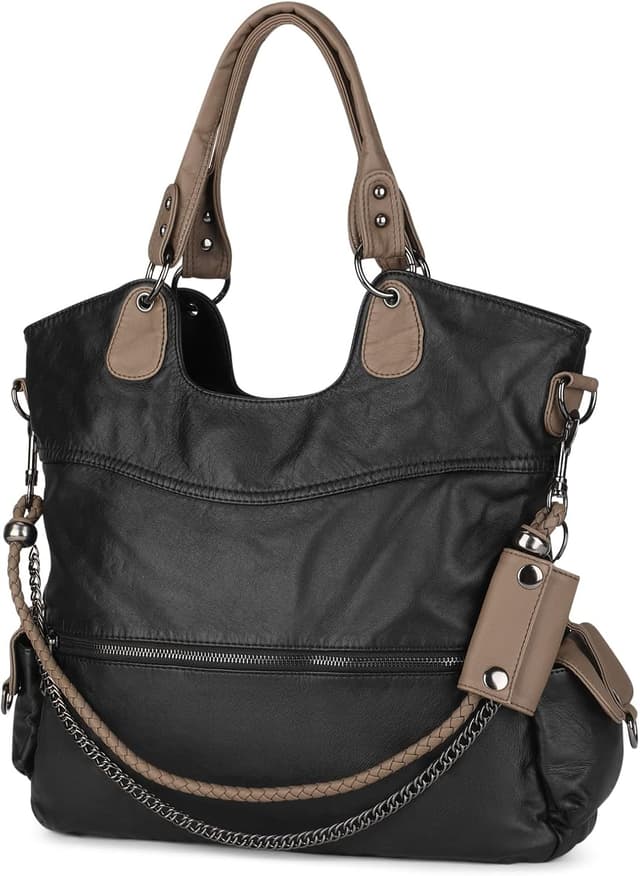 Detalle de VINBAGGE washed vegan leather ladies bag in black – large capacity crossbody/tote with multiple pockets